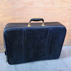 Vintage 1960s Mid-Century Slim Black Crocodile Faux Leather Overnight Suitcase (19x13)