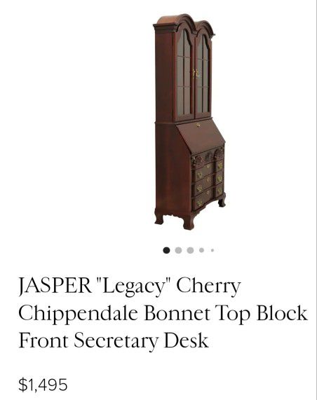 Antique Jasper Company "Legacy" Cherry Chippendale Bonnet Top Secretary Desk