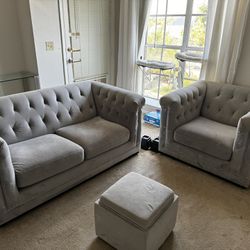 Blair Gray Micro Loveseat, Armchair And Storage Foot Rest