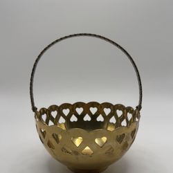 Brass Basket With Heart Cutouts And Braided Handle