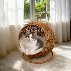 CIHTL Wicker Cat Bed Indoor & Outdoor, Handwoven PP Rattan Cat Swing Bed with Removable Washable Cushion, Breathable Waterproof Cat House for Cats & S