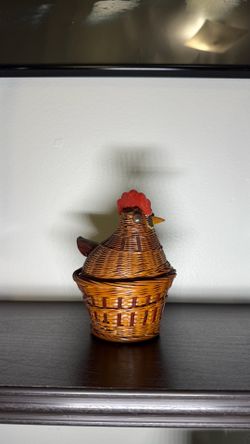 Vintage 1960s Chicken Folk Art Woven Wood Bamboo Trinket Basket
