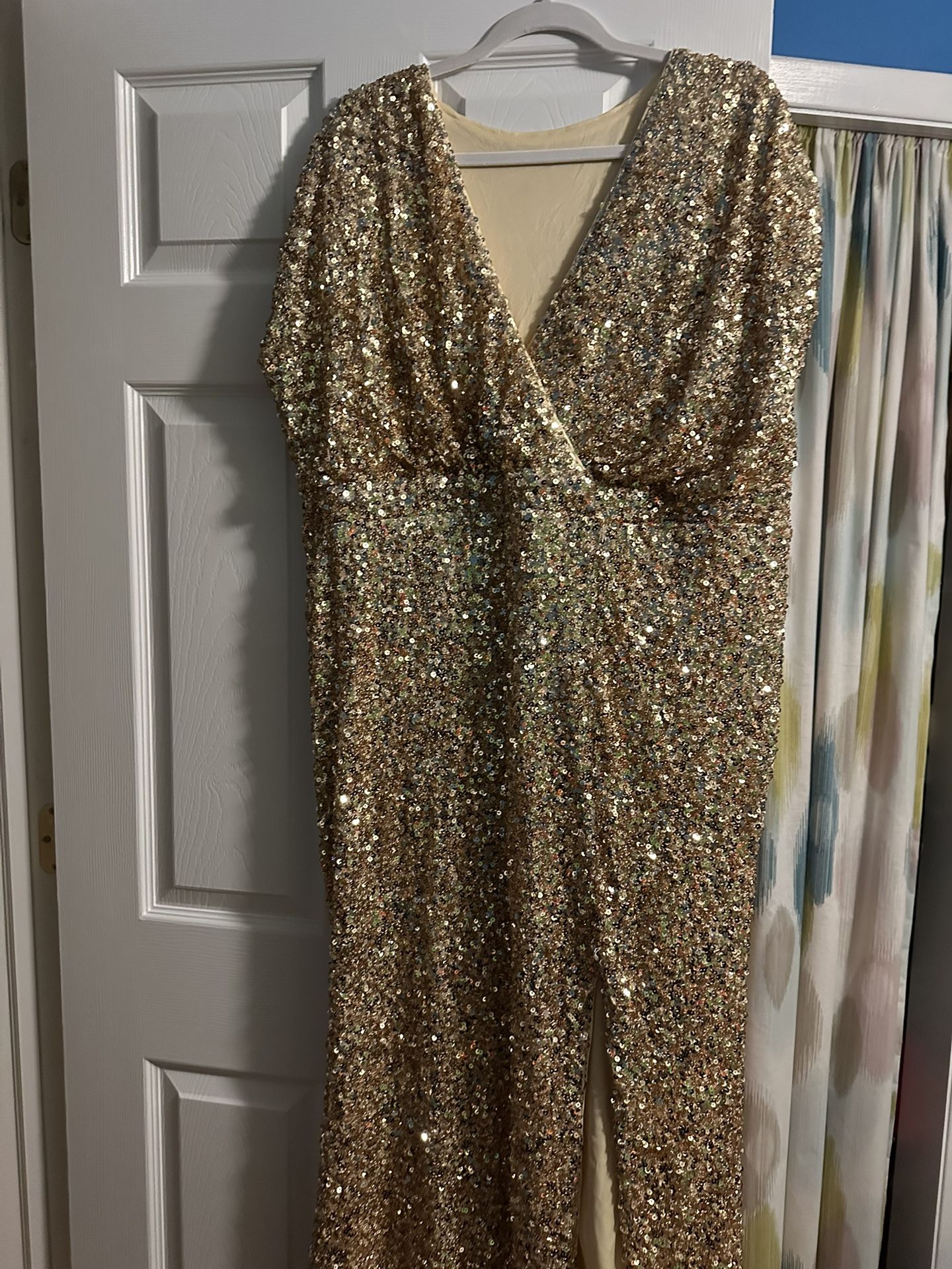 Xpluswear Design Plus Size Formal Gold V Neck Split Sequin Maxi Dresses