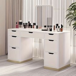 54" Vanity Desk with Drawers, Makeup Desk with 7 Storage Drawers for Bedroom, Desk Vanity No Mirror, White