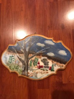 Original Signed PAINTING on Wood - Snowy Cabin Scene