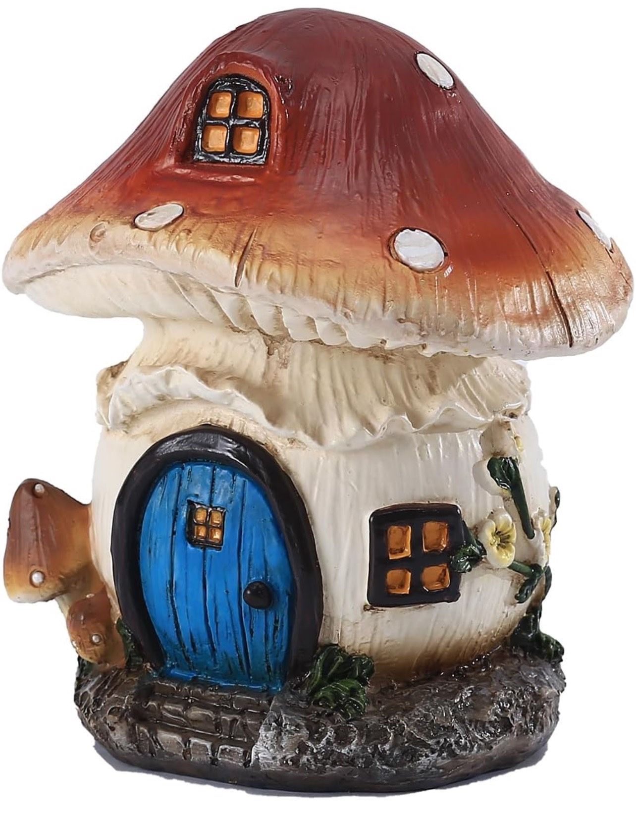 Enchanted Mushroom Fairy House Garden Decoration, Indoor Outdoor Miniature Cottage with Blue Door, Rustic White and Brown (1, 4.7inch)