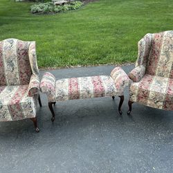 2 Chairs and Ottoman/sofa Bench. Excellent Condition. Reupholster For A New Look. 