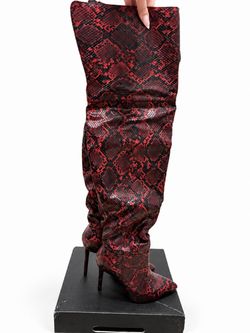 Brand New Red & Black Snakeskin Print Stiletto Boots — Size 7