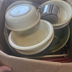 Box of miscellaneous, fiesta and glass dishes.
