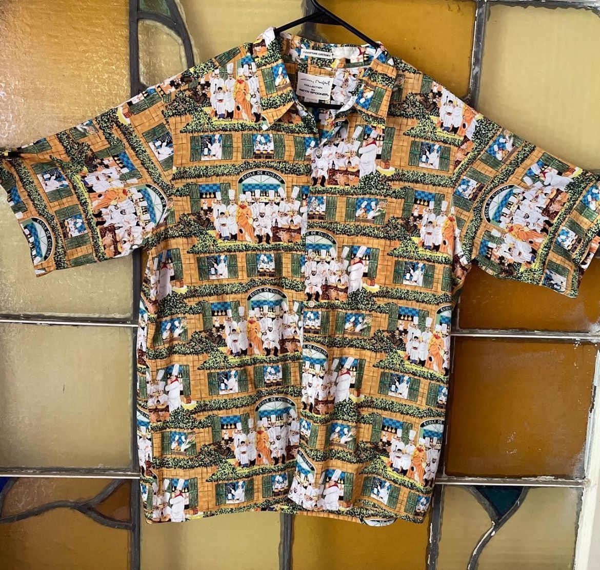 Vintage REYN SPOONER GUY BUFFET Men's yellow + green short sleeve button up Hawaiian pocket shirt w/ AOP ECOLE DE CUISINE ( French Chef)