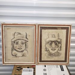 A Pair Of Vintage Signed Charcoal Drawing