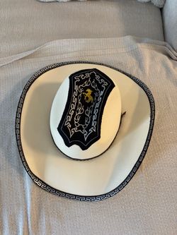 White Sombrero Hat with Black Embroidered Panel