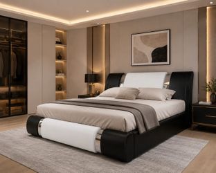 King Bed Frame with Adjustable Headboard and Iron Accents, Deluxe Upholstered Platform Bed with Solid Wooden Slats Support - White + Black