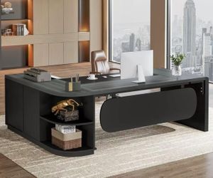 HL0403AB 80" L-Shaped Desk, Large Executive Office Desk with 55'' Drawers Cabinet
