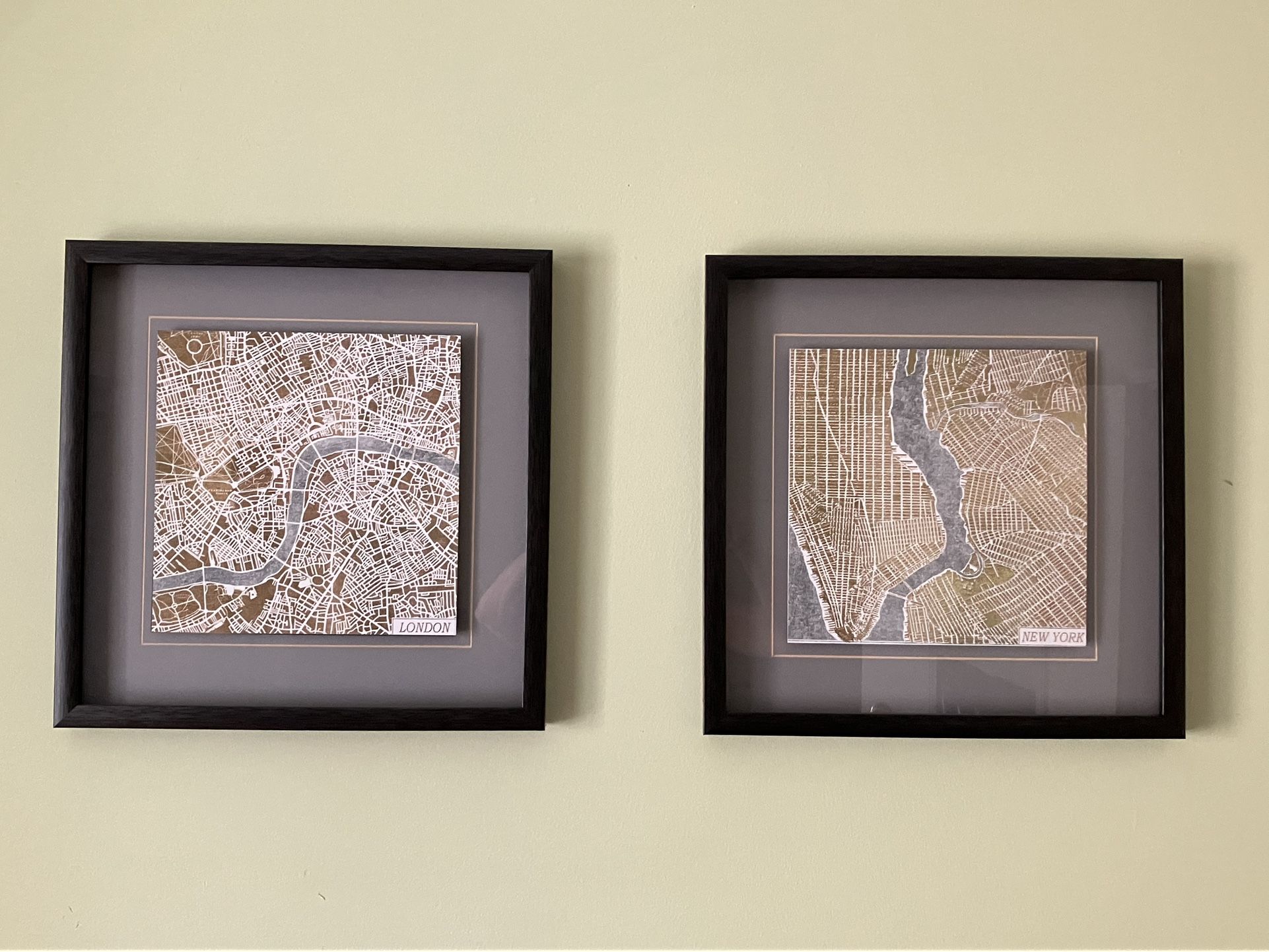 2 Framed Maps. NYC and London