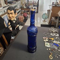 Cobalt Blue Decorative Bottle Made In Spain 🇪🇸  Great As A Windowsill Decor 13" Tall With Cork