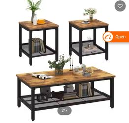 Modern Coffee Table Set of 3 Industrial Rectangle Coffee Table with 2 Square Side Table for Living Room Apartment - Brown
