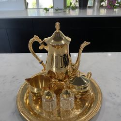 Gold Played Antique Tea Set w/ Salt & Pepper Shakers 