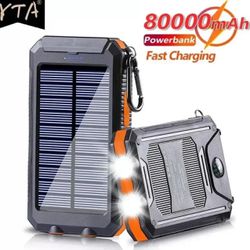 Solar Power Bank 50000/80000mAh Portable Charging Poverbank External Battery Charger Strong Light LDE Light For All Smartphones