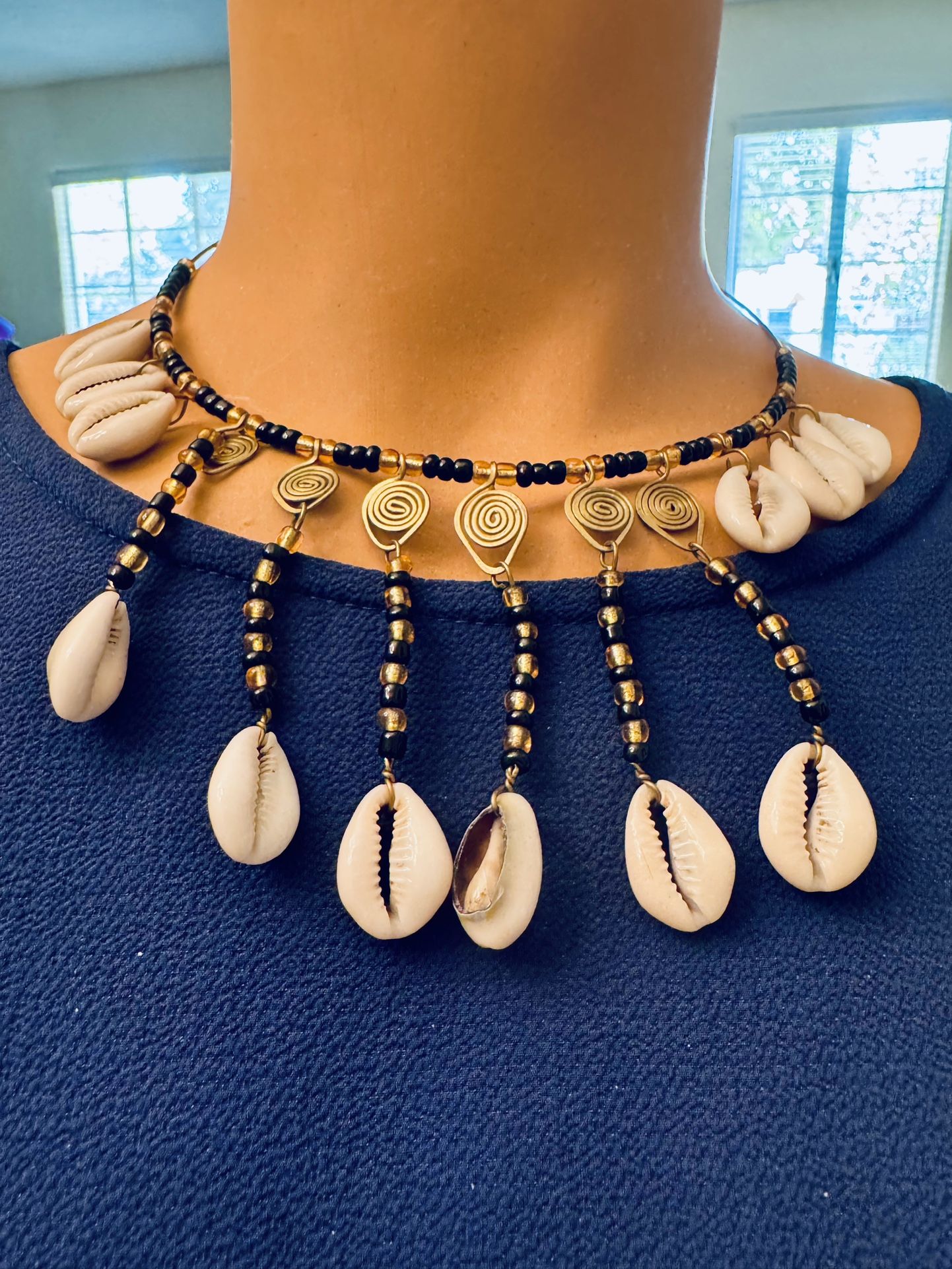 Brass Shell Beaded Choker Handmade in Kenya Hangs 8 Inches.
