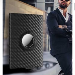 AirTag Wallet for Men，Mens Wallet Card Holder for AirTag：Top Grain Leather Smart Wallet，RFID Blocking, Slim, Carbon Fiber, Minimalist - 10-14 Card Cap
