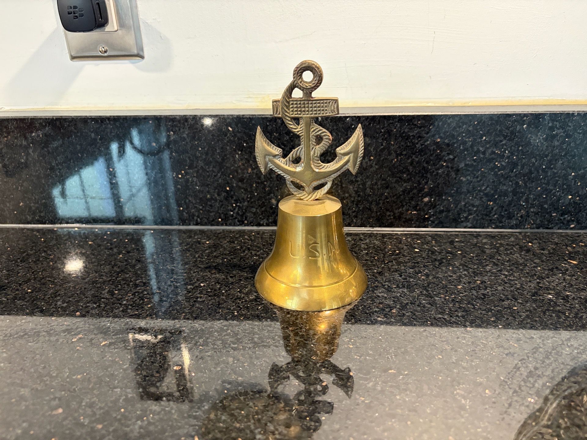 Vintage Nautical Solid Brass Bell With Anchor & Rope Handle 6.5” Engraved U.S.N.