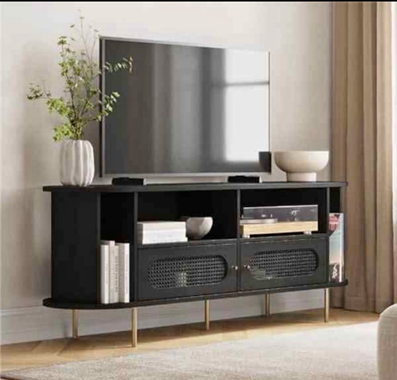 Oval Rattan TV Stand & Media Console – 63″ Entertainment Center with Storage, TV Console Table for L
