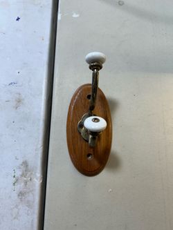 Vintage Wood and Brass Double Wall Hook with Ceramic Knobs