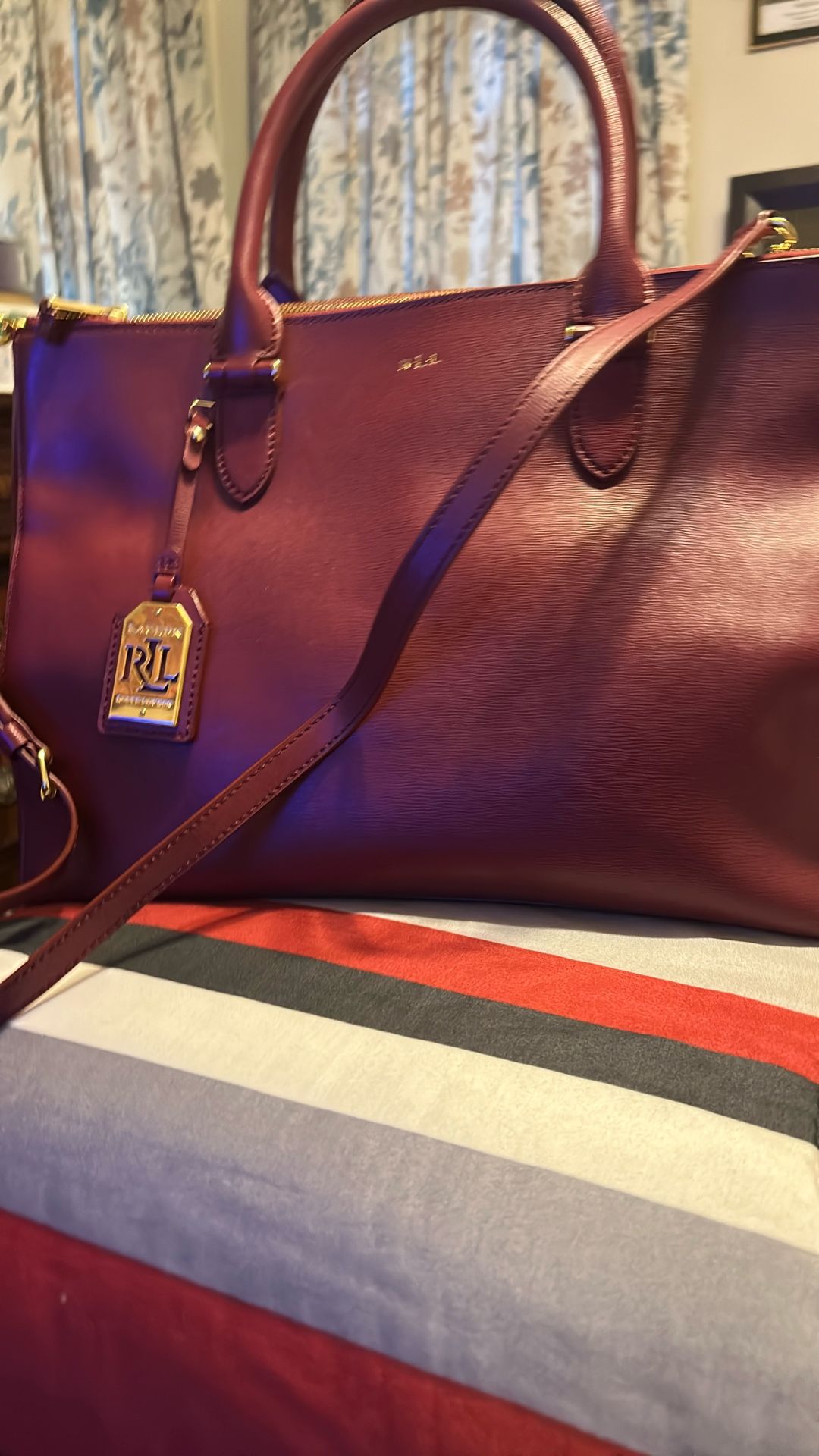 womens burgundy tote with protective cover bag by ralph lauren