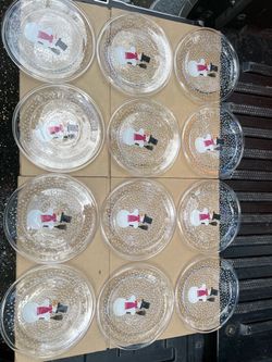 Vintage 10.25” Bodum France Snowman on Clear Glass w/Falling Snow Plates (12 pieces)-Christmas
