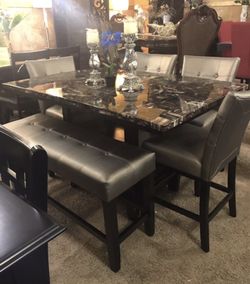 6pc Dining Table ✨Silver gray chairs & bench ✨