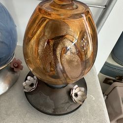 Amber blown 7” glass ball hummingbird feeder