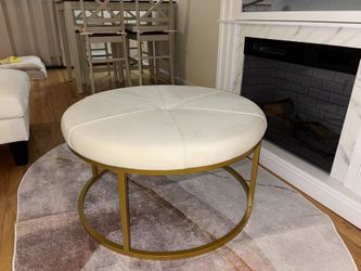 Round Cream Velvet Ottoman with Gold Legs 