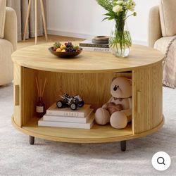31.5" Round Storage Coffee Table, Fluted Wood Coffee Table with Adjustable Footp