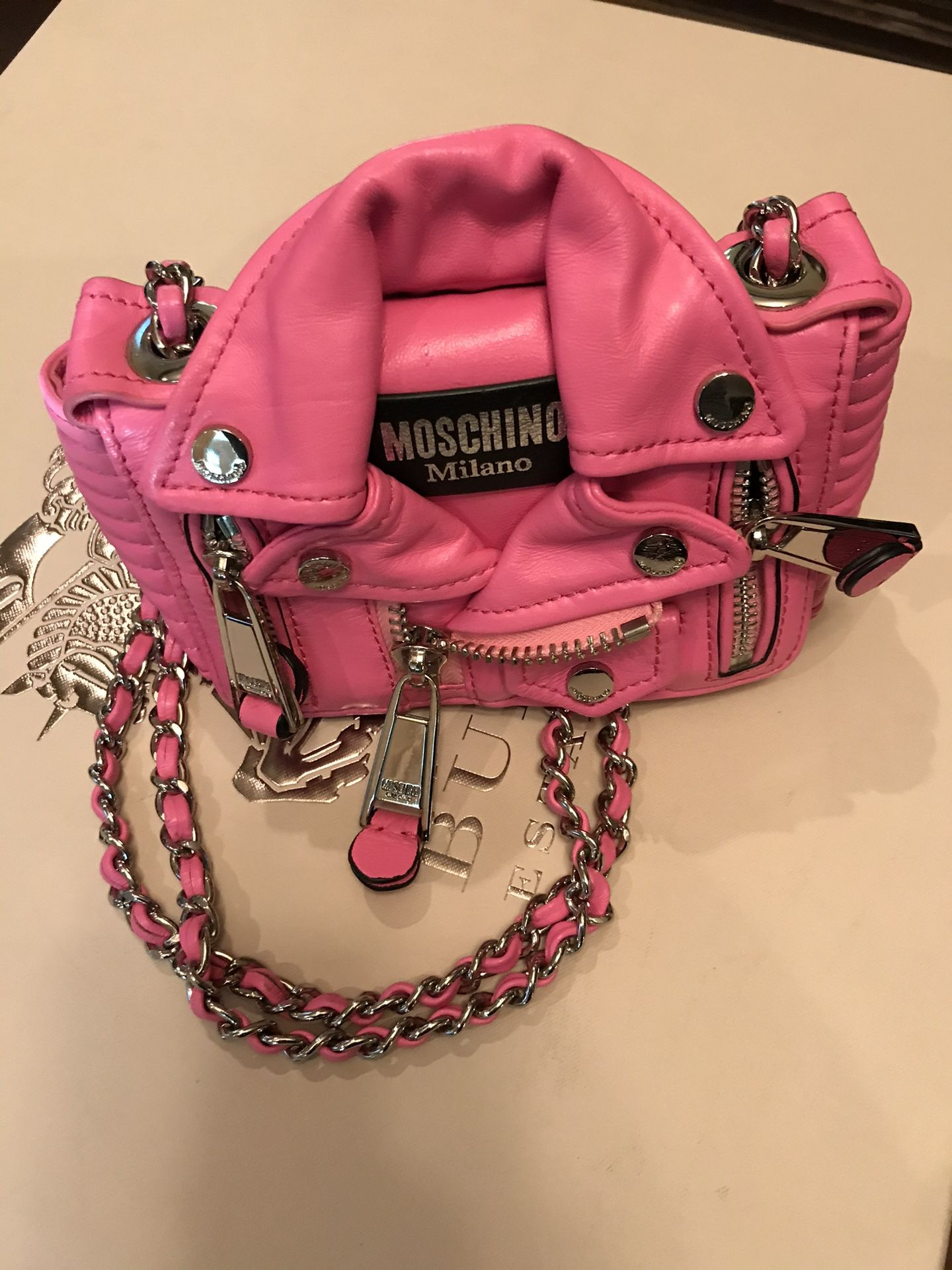 Moschino Milano Pink Biker Jacket Bag Crossbody Barbie Pink Chain shoulder like NEW