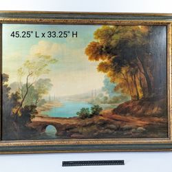 XL Old Framed Oil Painting on Canvas Landscape Lake Bridge 45"