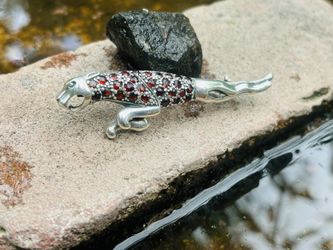 Vintage Sterling Silver Jewelry Pin Brooch Garnet Cougar Tiger Gemstone 925 gift