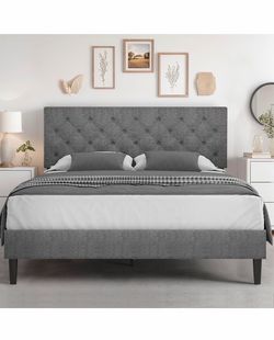 HOMBCK Queen Bed Frame, Grey Linen Fabric Upholstered Bed Frame Queen Size, Wood Slats Support, Button Tufted Design, No Box Spring Needed, Light Grey