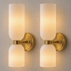 Wall Sconces Set of Two - Gold Milk Glass Dimmable Vanity Light Fixtur