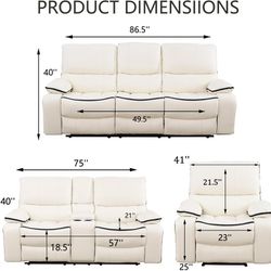 white color Leather Reclining Living Room Sofa Set