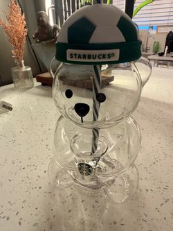 New unused Starbucks Bear Glass Cup with Soccer Ball Lid