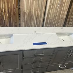 80” Bathroom Vanity in grey , double sink soft close solid wood with vanity top in white  $1199 Luke’s liquidations warehouse Address:  2434 N Forsyth