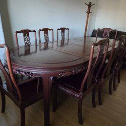 Rosewood Expandable Dining Table + 8 Matching Chairs – Solid Wood, Carved