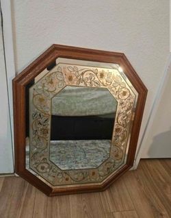 Vintage Octagonal 28x34" Wall Mirror Pastel Floral Etched Windsor Art -