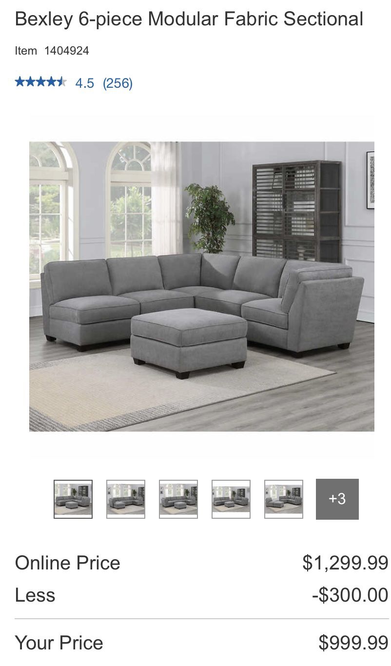 6 Piece Costco Modular Couch Grey Used
