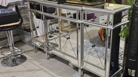60" Silver Wood Frame Mirrored Panels Andrea Storage Sideboard Cabinet. $140 OBO