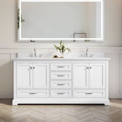 72 Double Sinks Bathroom Vanity with Solid Wood Frame, Soft Close 6 Drawers, Pure White Cultured Marble Countertop