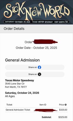 Sick new world GA ticket