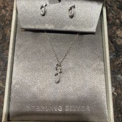 Sterling Silver Necklace & Pierced Ear Rings “J”