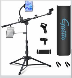 Floor microphone stand with phone/tablet holder, adjustable microphone stand with sturdy base, dual device stand for streaming, podcasting, recording
